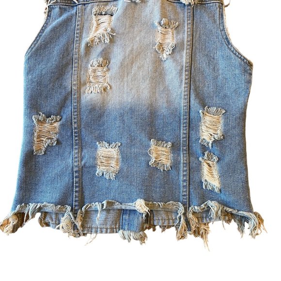 Unif Distressed Shredded Grunge Fringe Denim Festival Rodeo Vest Plaid Patches-S - Picture 14 of 16